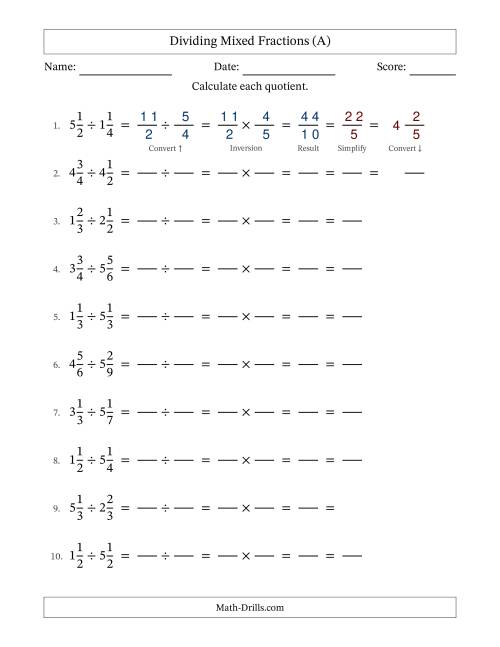 The Dividing and Simplifying Mixed Fractions with Three Terms (All) Math Worksheet