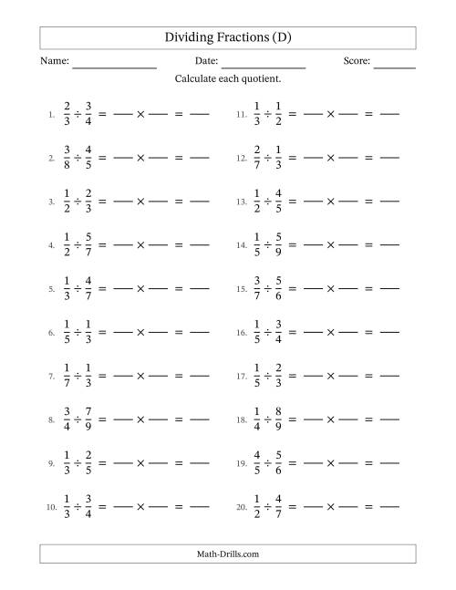 The Dividing Two Proper Fractions with No Simplification (Fillable) (D) Math Worksheet
