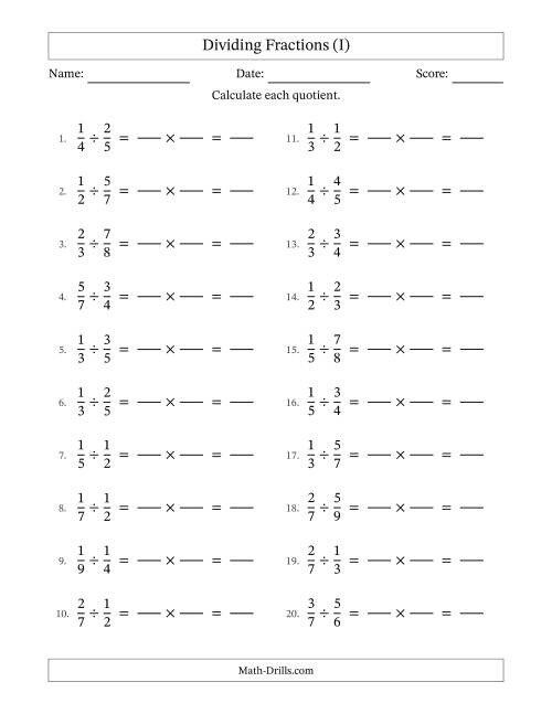 The Dividing Two Proper Fractions with No Simplification (Fillable) (I) Math Worksheet