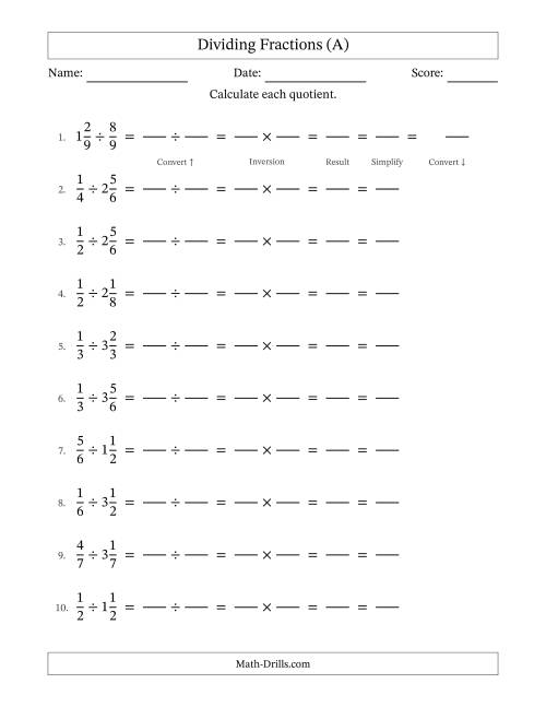The Dividing and Simplifying Fractions with Some Mixed Fractions (A) Math Worksheet