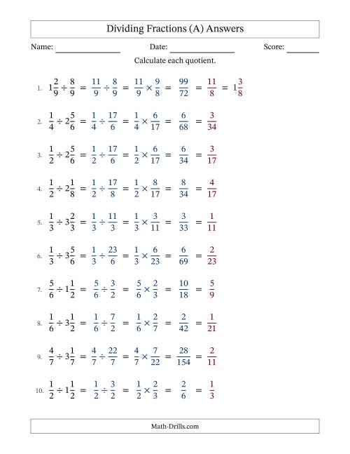 The Dividing and Simplifying Fractions with Some Mixed Fractions (A) Math Worksheet Page 2