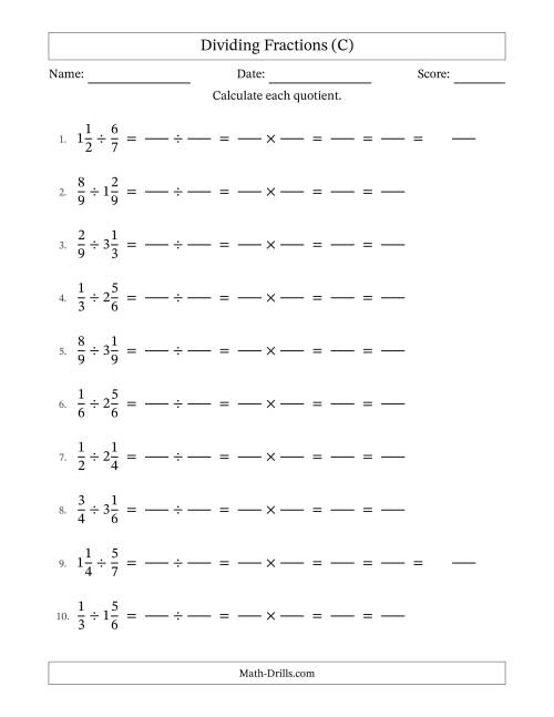 The Dividing Proper and Mixed Fractions with All Simplification (Fillable) (C) Math Worksheet