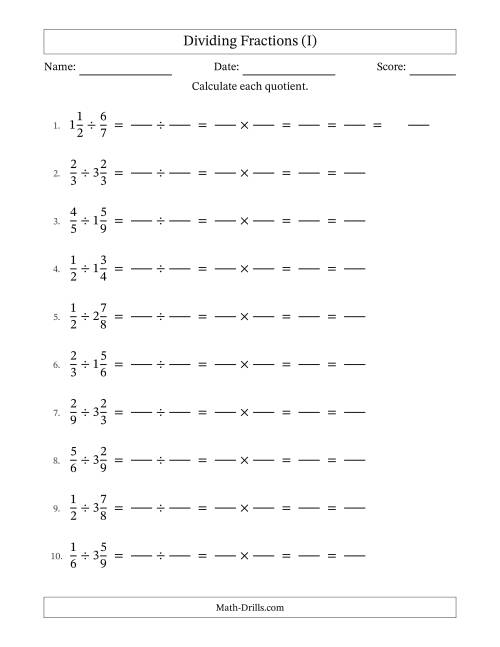 The Dividing Proper and Mixed Fractions with All Simplification (Fillable) (I) Math Worksheet