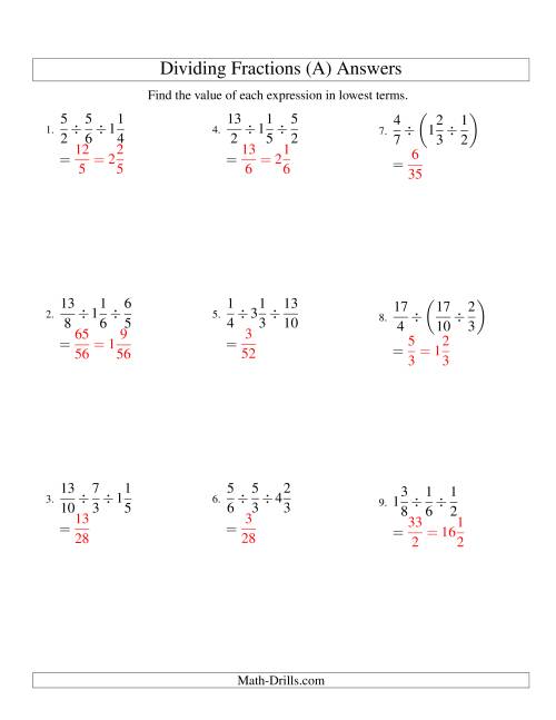 The Dividing and Simplifying Fractions with Some Mixed Fractions and Three Terms (A) Math Worksheet Page 2