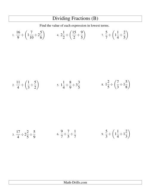 The Dividing and Simplifying Fractions with Some Mixed Fractions and Three Terms (B) Math Worksheet