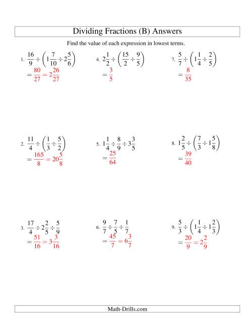 The Dividing and Simplifying Fractions with Some Mixed Fractions and Three Terms (B) Math Worksheet Page 2