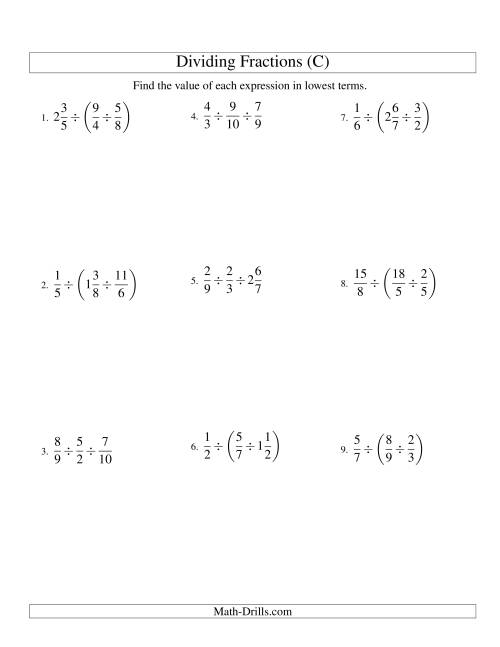 The Dividing and Simplifying Fractions with Some Mixed Fractions and Three Terms (C) Math Worksheet