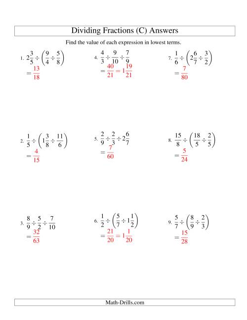 The Dividing and Simplifying Fractions with Some Mixed Fractions and Three Terms (C) Math Worksheet Page 2