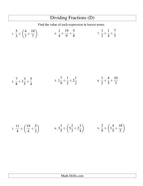 The Dividing and Simplifying Fractions with Some Mixed Fractions and Three Terms (D) Math Worksheet