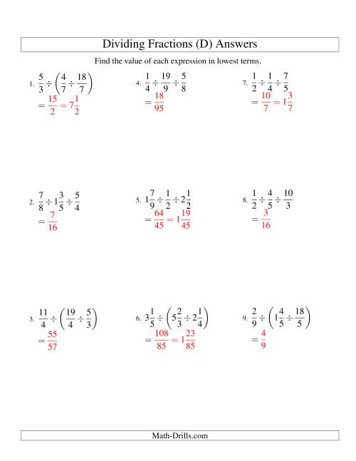 The Dividing and Simplifying Fractions with Some Mixed Fractions and Three Terms (D) Math Worksheet Page 2