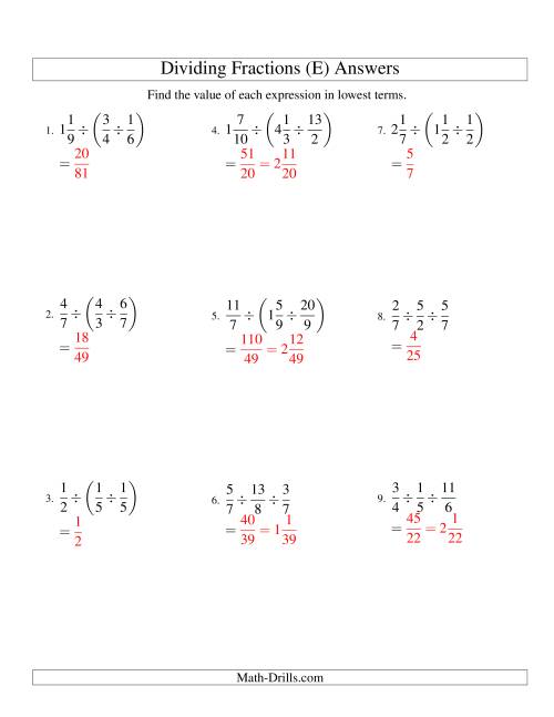 The Dividing and Simplifying Fractions with Some Mixed Fractions and Three Terms (E) Math Worksheet Page 2