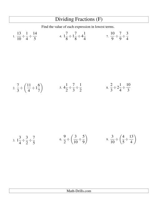 The Dividing and Simplifying Fractions with Some Mixed Fractions and Three Terms (F) Math Worksheet