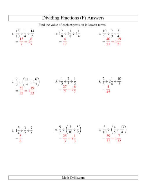 The Dividing and Simplifying Fractions with Some Mixed Fractions and Three Terms (F) Math Worksheet Page 2