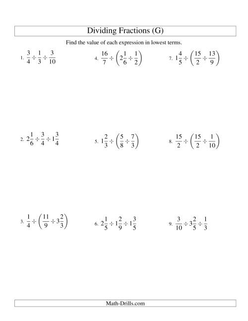 The Dividing and Simplifying Fractions with Some Mixed Fractions and Three Terms (G) Math Worksheet