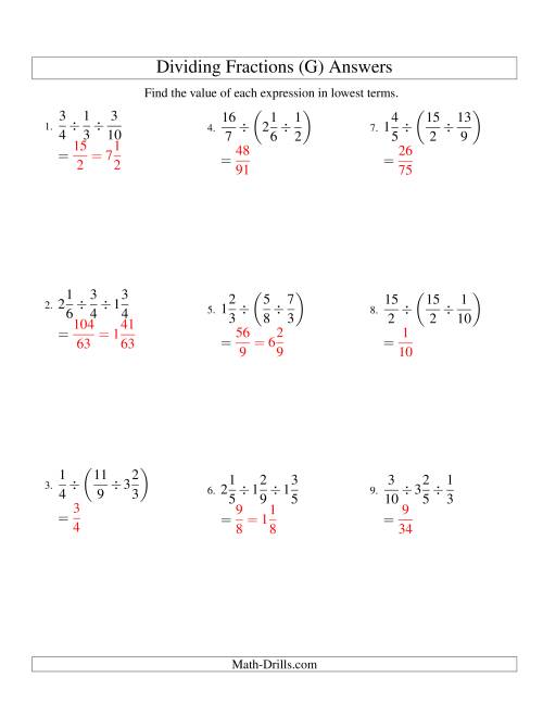 The Dividing and Simplifying Fractions with Some Mixed Fractions and Three Terms (G) Math Worksheet Page 2