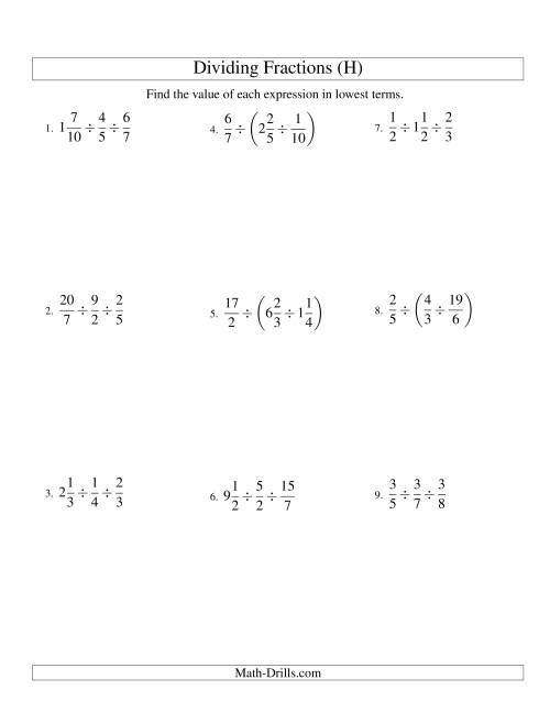 The Dividing and Simplifying Fractions with Some Mixed Fractions and Three Terms (H) Math Worksheet