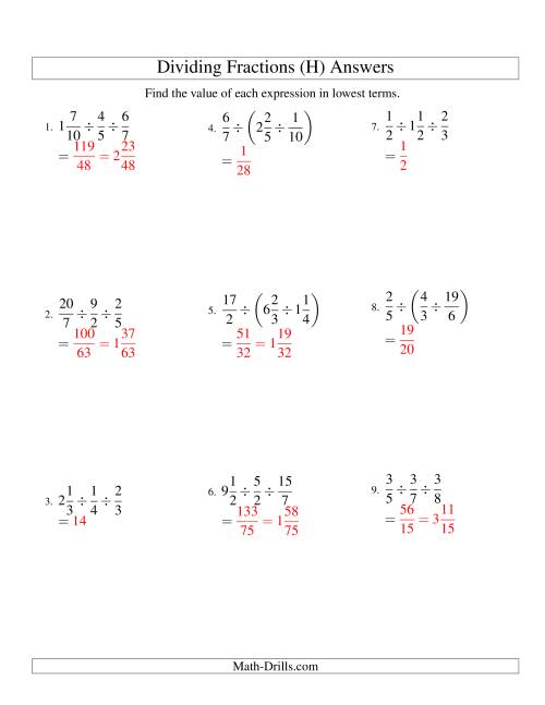 The Dividing and Simplifying Fractions with Some Mixed Fractions and Three Terms (H) Math Worksheet Page 2