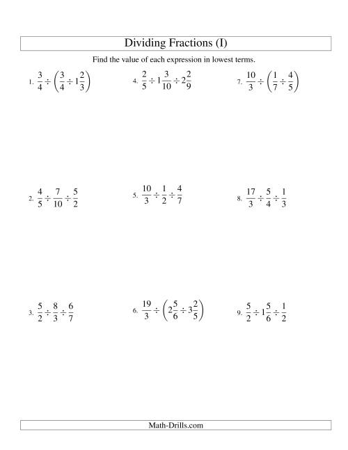The Dividing and Simplifying Fractions with Some Mixed Fractions and Three Terms (I) Math Worksheet