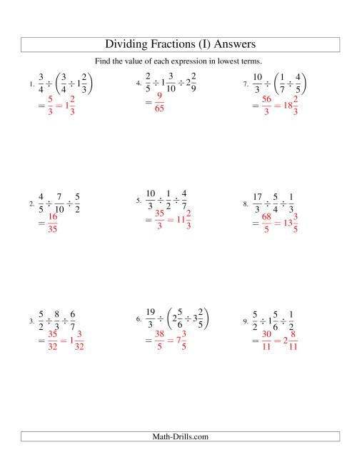 The Dividing and Simplifying Fractions with Some Mixed Fractions and Three Terms (I) Math Worksheet Page 2