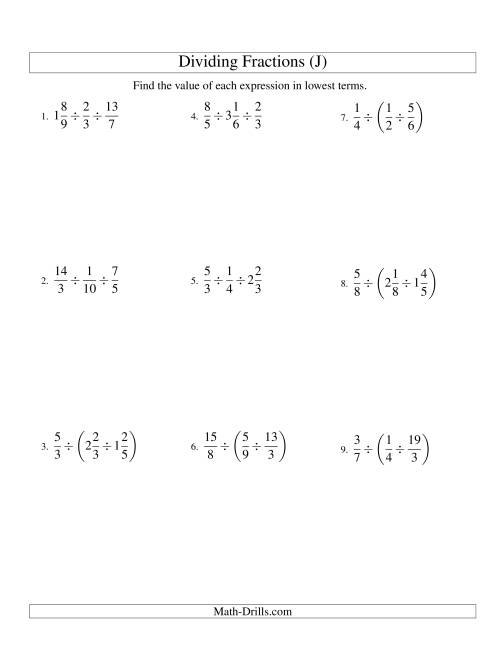 The Dividing and Simplifying Fractions with Some Mixed Fractions and Three Terms (J) Math Worksheet