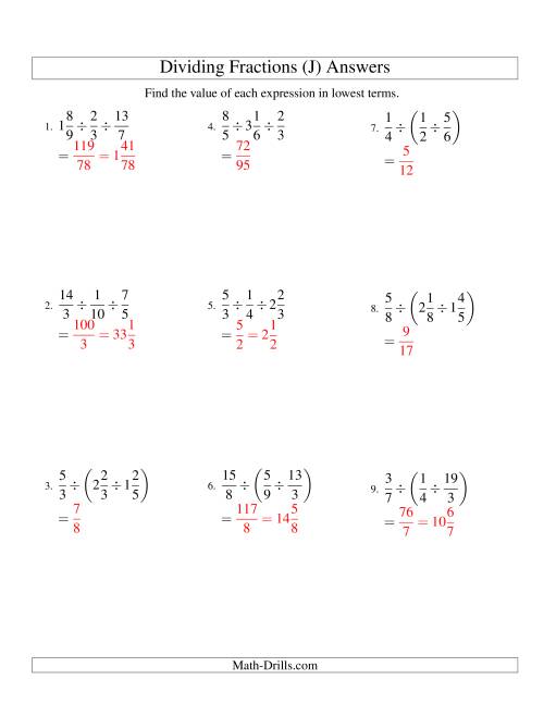 The Dividing and Simplifying Fractions with Some Mixed Fractions and Three Terms (J) Math Worksheet Page 2