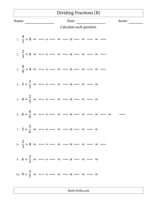 The Dividing Proper Fractions and Whole Numbers with All Simplification (Fillable) (B) Math Worksheet