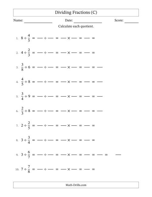 The Dividing and Simplifying Fractions with Some Whole Numbers (C) Math Worksheet