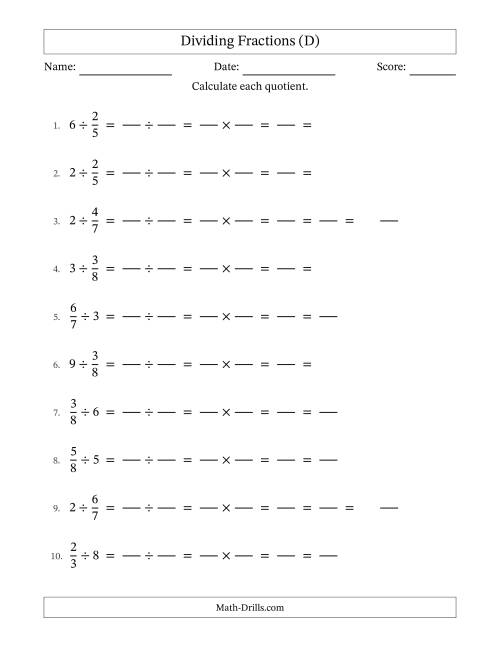 The Dividing Proper Fractions and Whole Numbers with All Simplification (Fillable) (D) Math Worksheet