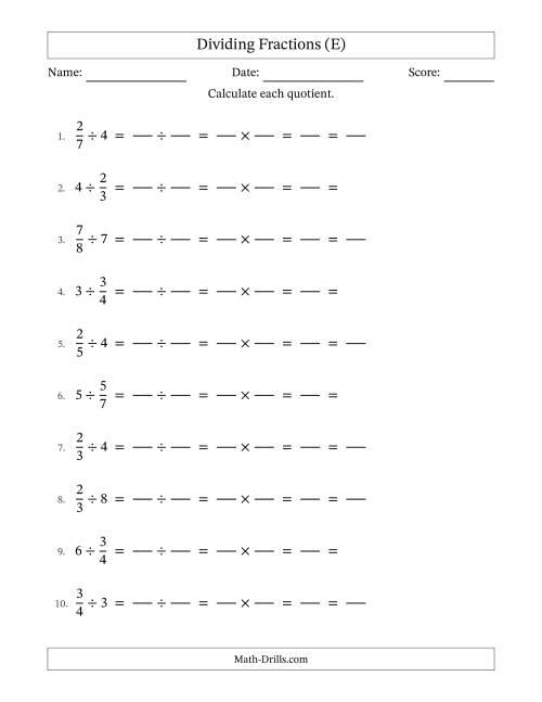 The Dividing Proper Fractions and Whole Numbers with All Simplifying (Fillable) (E) Math Worksheet