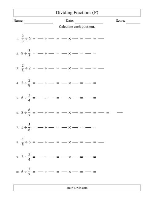The Dividing and Simplifying Fractions with Some Whole Numbers (F) Math Worksheet