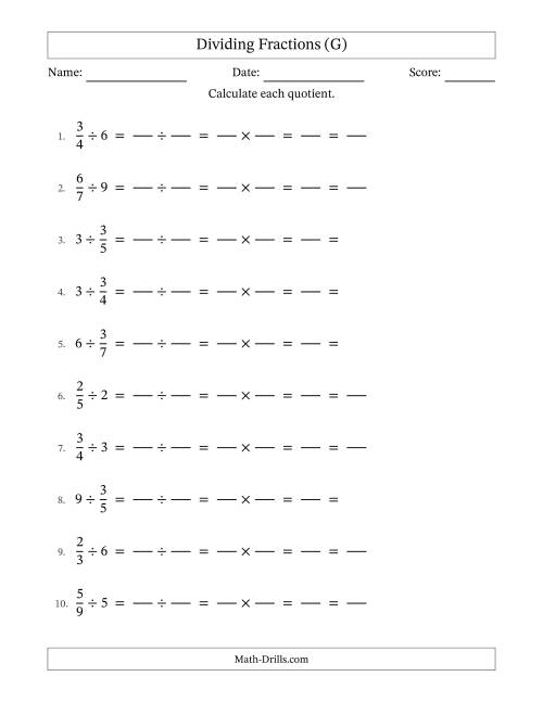 The Dividing Proper Fractions and Whole Numbers with All Simplification (Fillable) (G) Math Worksheet