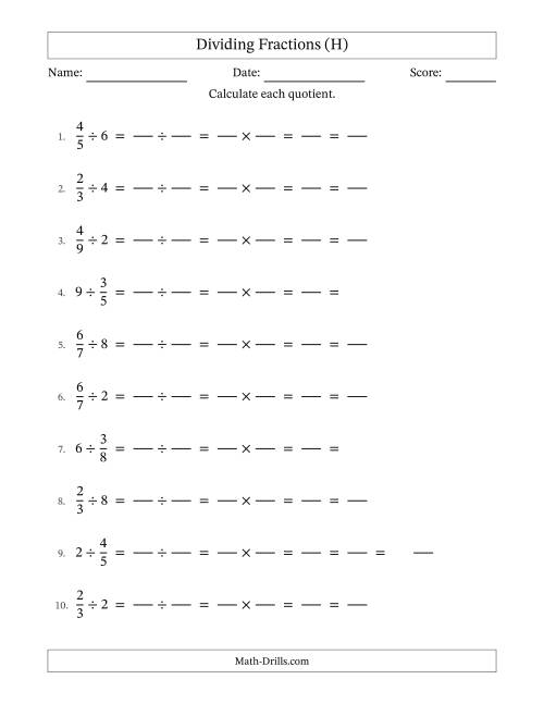 The Dividing and Simplifying Fractions with Some Whole Numbers (H) Math Worksheet
