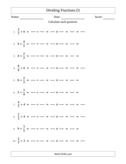 The Dividing Proper Fractions and Whole Numbers with All Simplification (Fillable) (I) Math Worksheet