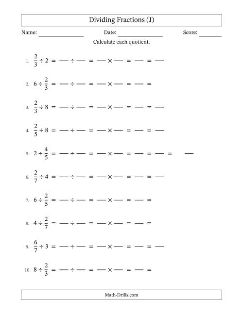 The Dividing Proper Fractions and Whole Numbers with All Simplification (Fillable) (J) Math Worksheet