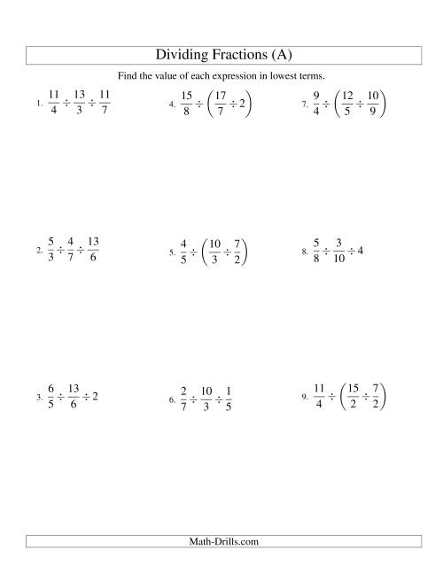 The Dividing and Simplifying Fractions with Some Whole Numbers and Three Terms (A) Math Worksheet