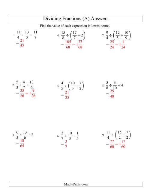 The Dividing and Simplifying Fractions with Some Whole Numbers and Three Terms (A) Math Worksheet Page 2