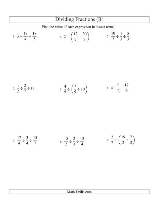 The Dividing and Simplifying Fractions with Some Whole Numbers and Three Terms (B) Math Worksheet