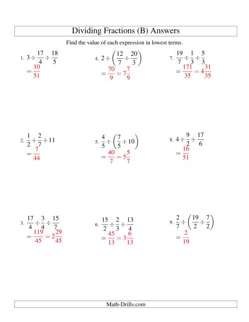 The Dividing and Simplifying Fractions with Some Whole Numbers and Three Terms (B) Math Worksheet Page 2