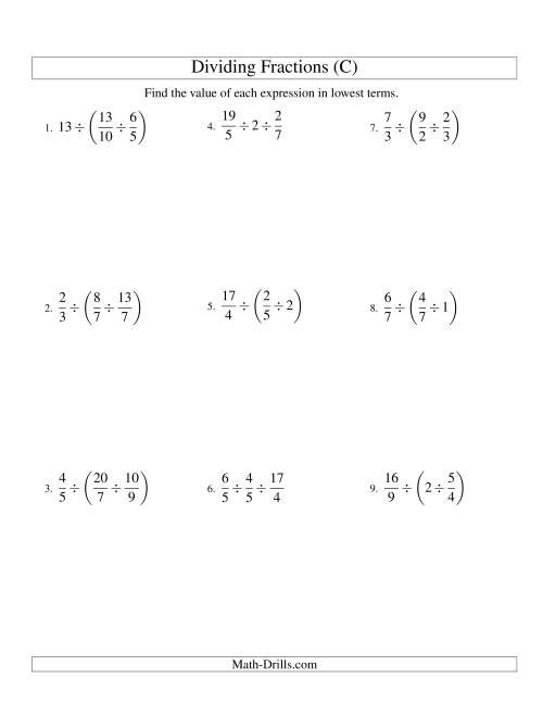 The Dividing and Simplifying Fractions with Some Whole Numbers and Three Terms (C) Math Worksheet