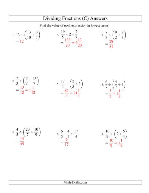 The Dividing and Simplifying Fractions with Some Whole Numbers and Three Terms (C) Math Worksheet Page 2