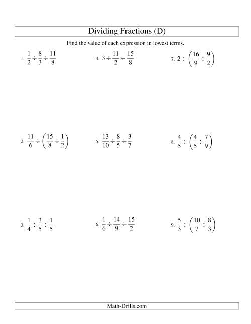 The Dividing and Simplifying Fractions with Some Whole Numbers and Three Terms (D) Math Worksheet