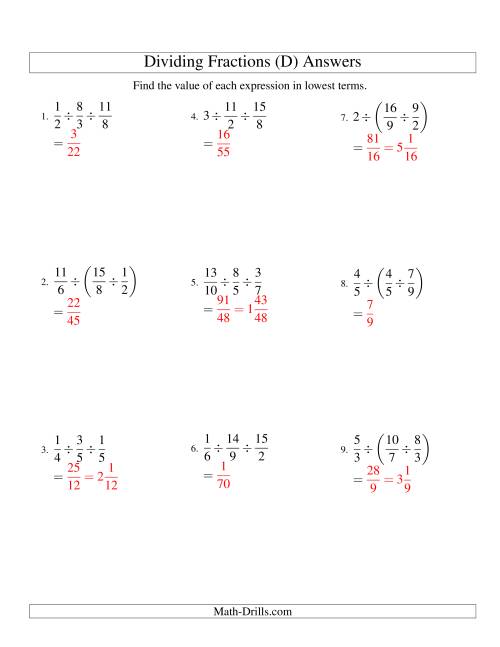 The Dividing and Simplifying Fractions with Some Whole Numbers and Three Terms (D) Math Worksheet Page 2