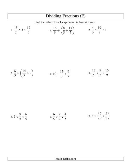 The Dividing and Simplifying Fractions with Some Whole Numbers and Three Terms (E) Math Worksheet