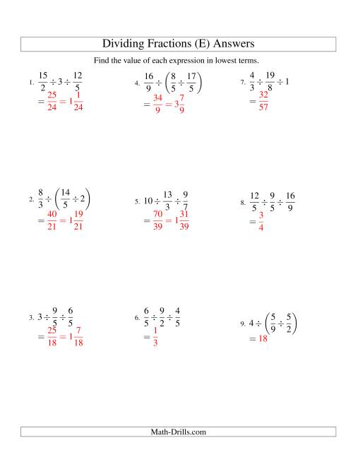 The Dividing and Simplifying Fractions with Some Whole Numbers and Three Terms (E) Math Worksheet Page 2