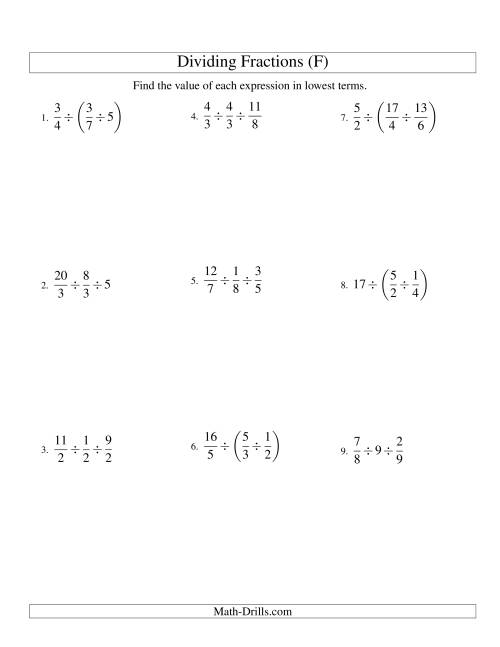 The Dividing and Simplifying Fractions with Some Whole Numbers and Three Terms (F) Math Worksheet