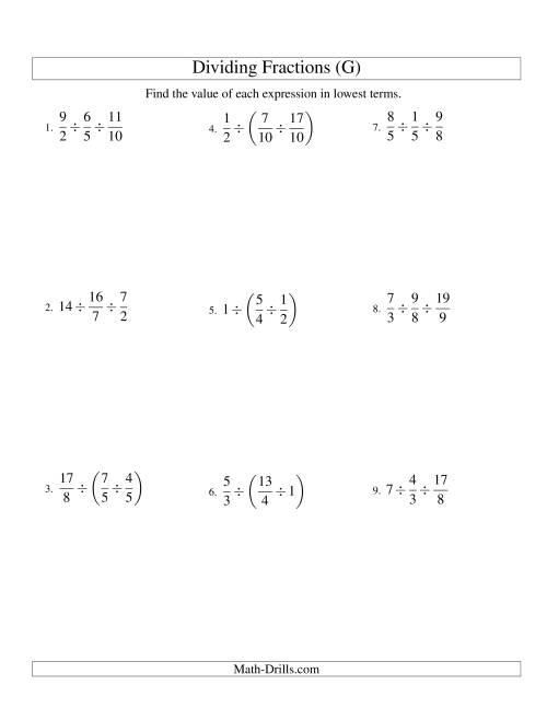 The Dividing and Simplifying Fractions with Some Whole Numbers and Three Terms (G) Math Worksheet