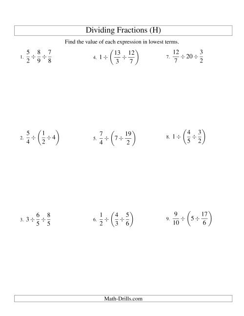 The Dividing and Simplifying Fractions with Some Whole Numbers and Three Terms (H) Math Worksheet