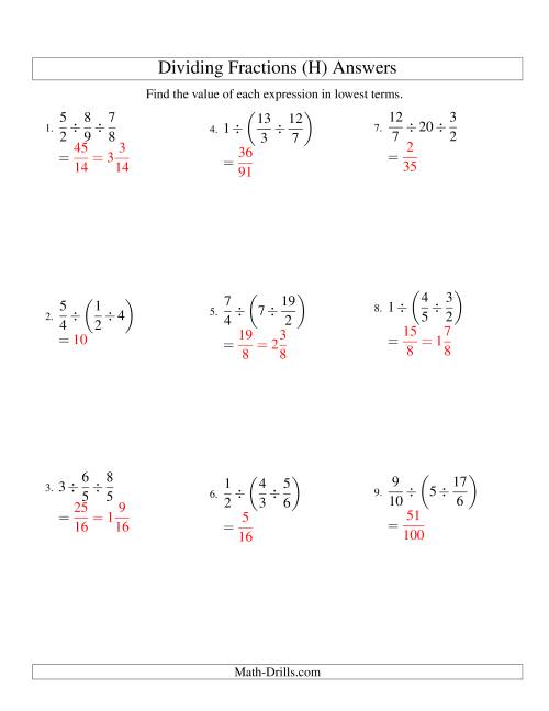 The Dividing and Simplifying Fractions with Some Whole Numbers and Three Terms (H) Math Worksheet Page 2