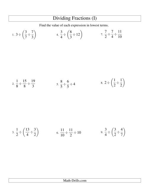 The Dividing and Simplifying Fractions with Some Whole Numbers and Three Terms (I) Math Worksheet
