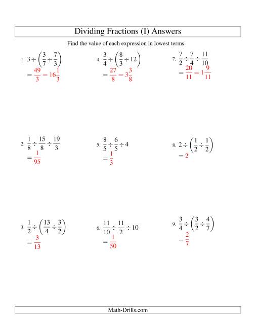 The Dividing and Simplifying Fractions with Some Whole Numbers and Three Terms (I) Math Worksheet Page 2
